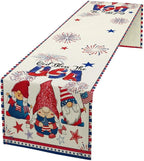 Cute Patriotic Gnomes Table Runner, American Independence Day 4th of July Gnome Blue Red Fireworks Confetti Print Table Runner for Home Kitchen Dining Table Party Decor, 13x90inch