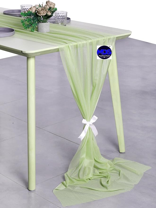 MDS 10 Pack 10ft Chiffon Table Runner 29 x 120 Inches Sheer Wedding Runner Romantic Rustic Table Runner for Wedding Decorations, Birthday Parties, Bridal Shower Party Arch Decor - Sage Green