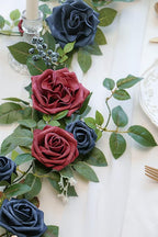 PONATIA 5FT Handcrafted Artificial Rose Flower Garland, Burgundy Flower Garland for Wedding Ceremony Garlands Backdrop Arch Flowers, Ceremony Reception Table Decorations (Burgundy & Navy)