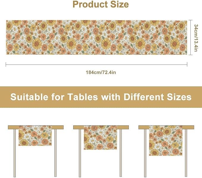 Vintage Floral Table Runner,Boho 70s Style Retro Daisies Flower Table Runner for Kitchen Dining Table Home Party Decoration 13x90 Inch