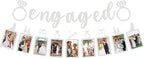 Pre-Strung Engaged Photo Banner - Silver Glitter Engagement Party Decoration Supplies with Romantic Memories Picture Card Frames for Bachelorette, Bridal Shower, Wedding Party Photo Booth Props