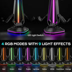 Saitake RGB Headset Stand with 9 Light Modes,Controller Holder for Desk with 2 USB Charging Ports,Suitable for All Headphones and Controllers,Can Simultaneously Place 1 Headset and 4 Controllers