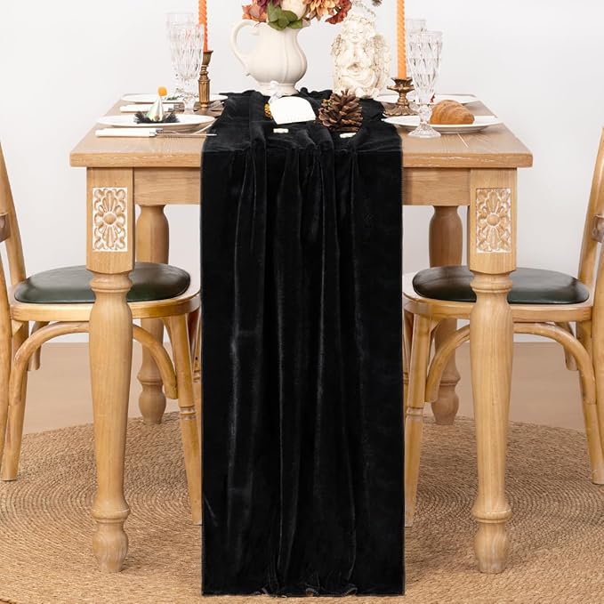 MLMC 2 Pack Black Velvet Table Runner 10ft Glossy Luxury Velvet Fall Table Runner 20x120 Inches Wedding Runner for Bridal Shower Birthday Party Halloween Decor