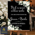 Pick a Seat Either Side Wedding Yard Sign – Custom Floral White Green Ceremony Sign – Acrylic or Corrugated Board