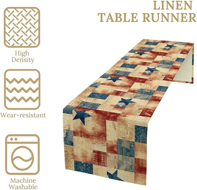 4th of July Table Runner, Rustic Vintage Country Red White Blue American Stars Independence Day Print Table Cover for Farmhouse Kitchen Dining Table Decor, 13x36inch