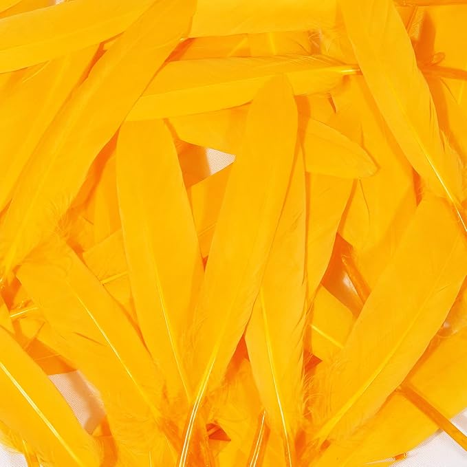 FeelfunFeather 120pcs Golden Yellow Goose Cochettes Feather Natural Bulk 4-6 inch 10-15cm for Wedding Party Christmas Halloween Decorations DIY Crafts