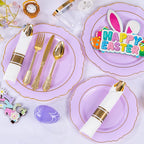 Liacere 350PCS Purple Plastic Plates - Disposable Light Purple and Gold Plates 50guest Baroque Plastic Dinnerware include 100Plates, 50Pack Pre Rolled Napkins with Silverware 50Cups for Mother's Day