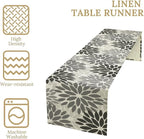 Gray Dahlia Flower Table Runner, Vintage Modern Linen Geometric Pattern Floral Table Runner Spring for Farmhouse Kitchen Dining Party Holiday Party, 13x60 Inch