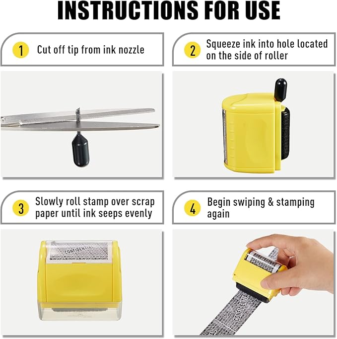 Mimorou 4 Pack Identity Theft Protection Roller Stamps Kit Confidential Privacy Roller Hidden Wide Privacy Stamp 5 Pcs Refills Security Ink for Mail Address Blocker(Yellow)