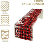 Christmas Table Runner,Red Black Plaid Xmas Snowflakes Deer Trees Print Tablecloth Burlap for Hotel Indoors Outdoor Dining Room Kitchen Home Decor,W13X L36 in