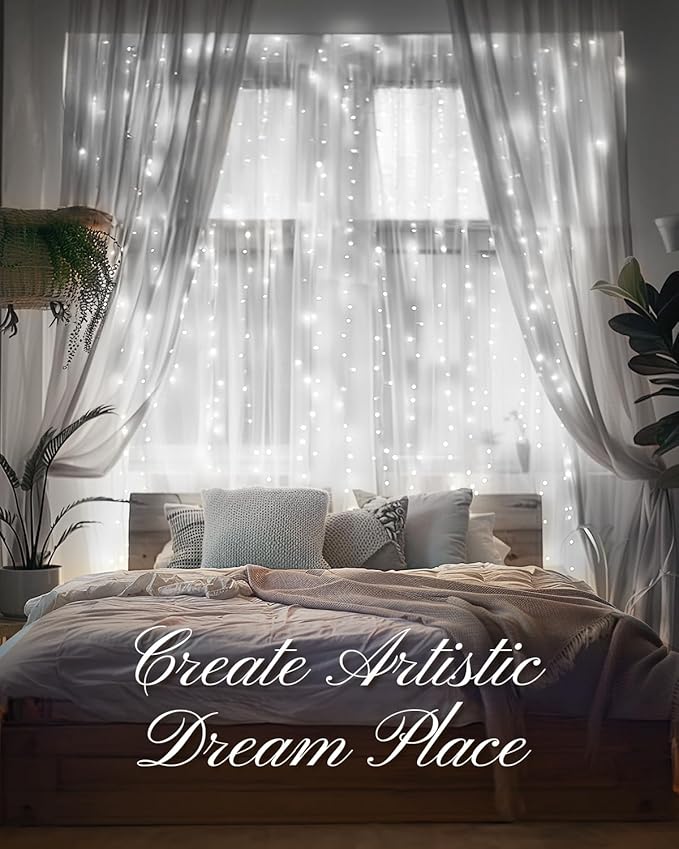 Brightown Smart Curtain String Lights - 9.8ft 300 LED Fairy Light with APP Remote, 8 Modes, USB Powered Waterproof Christmas for Bedroom Wedding Party, White