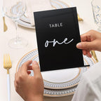 UNIQOOO Black Wedding Double Sided Table Numbers with Stands 1-15 set, 5x7'' Acrylic Signs with Holders and Printed Calligraphy, Seat Display Wedding Decor Perfect for Centerpiece, Reception