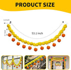 5 Pcs Marigold Garland Diwali Decor Artificial Flowers, 4.5 Feet Artificial Marigold Flowers for Indian Pooja Diwali Home Mantle Decor Wedding Decoration for All Year Decoration (Yellow＆Orange)