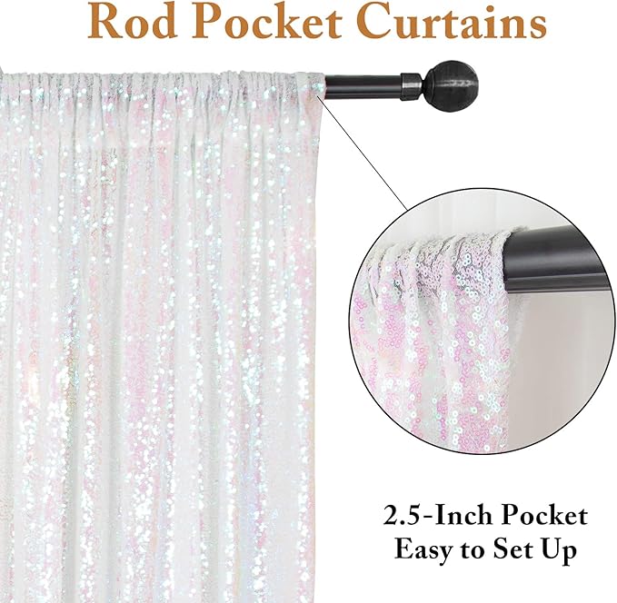 ShinyBeauty White Sequin Backdrop 4FTx8FT 2 Pieces Iridescent White Backdrop Curtains Panels Glitter Photo Backdrop Transparent Birthday Themed Backdrop