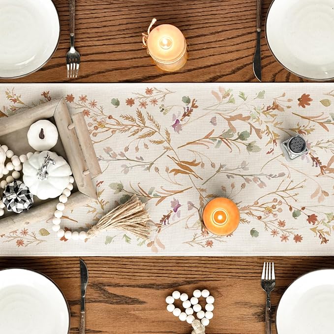 Artoid Mode Floral Leaves Fall Table Runner, Wild Flowers and Grasses Seasonal Autumn Kitchen Dining Table Decoration for Home Party Decor 13x60 Inch