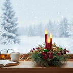 Christmas Floral Arrangement Centerpiece with 3 Flameless LED Candles, Battery Operated Lighted Holiday Table Decoration with Pine, Berries & Ornaments Holiday Winter Decorations