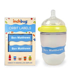 InchBug Orbit Labels - Baby Bottle Name Labels for Daycare, Sippy Cup Bands - Engraved Silicone, Reusable, Dishwasher Safe, White Contrasting Personalization, 4-Pack (Lullaby Blue)