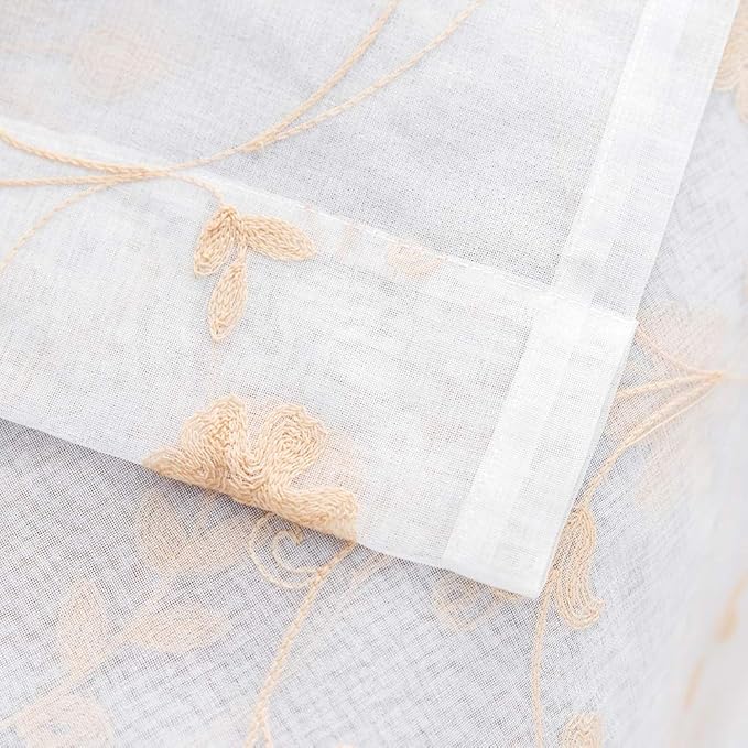 Floral Embroidery Gold Sheer Curtains 84 Inches Long, Rod Pocket Sheer Drapes for Living room, Bedroom, 2 Panels, 52"x84", Semi Crinkle Voile Window Treatments for Yard, Patio, Villa, Parlor.