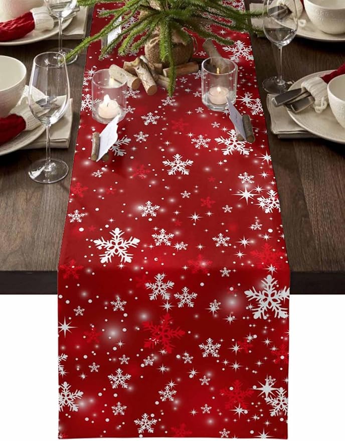 Christmas Snowflakes Cotton Linen Table Runner for Dining Kitchen, Red Xmas Winter Snow Wedding Outdoor Party Tablerunners Decoration, New Year Dresser Scarf Coffee Tablecloth Runners 13x36 Inches