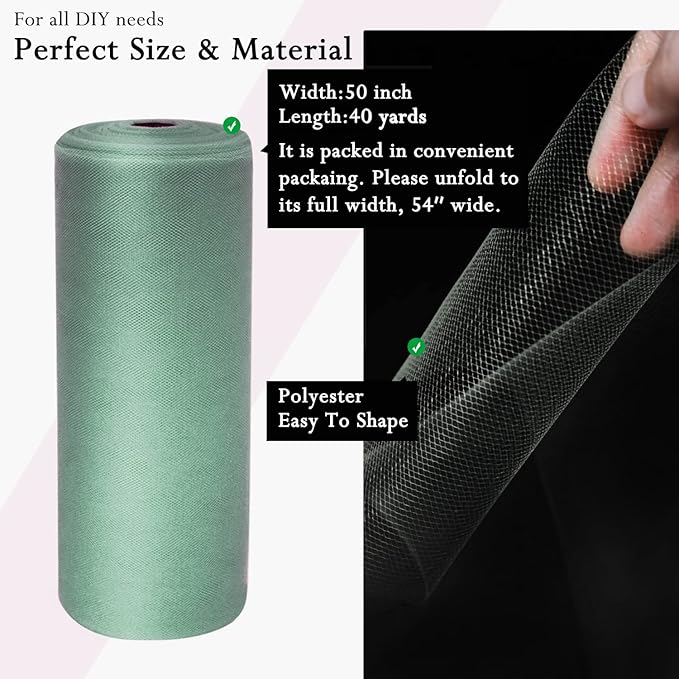 Sage Green Tulle Fabric Rolls 54 Inch by 40 Yards Tulle Bolt Spool for Wedding Decorations DIY Tutu Baby Shower Table Skirt Ceiling Decor Birthday Party Craft Supplies