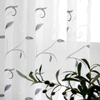 VISIONTEX White Sheer Voile Curtains Loop Embroidered, Decorative Grey Leaves Embroidery Faux Linen, Rod Pocket Window Drapes for Rustic Farmhouse Bedroom 54 x 84 Inch, Set of 2 Panels