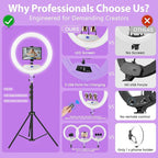 Ring Light 22inch Kit: Ring Light Tripod for iPhone ipad, with 75" Tripod/LCD Display/2 USB Ports Overhead Phone Mount for Video Recording, Zoom Meeting,YouTube,TikTok (Purple)