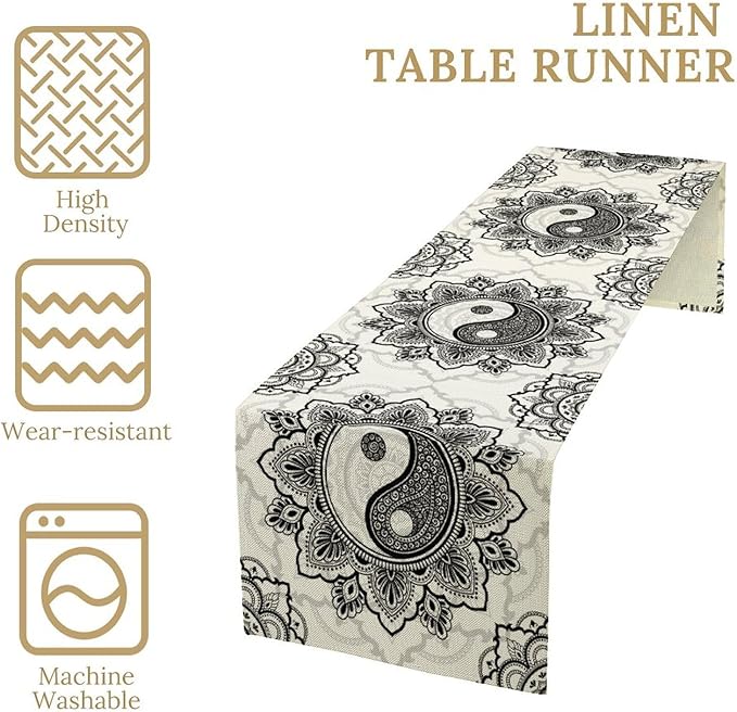Yin Yang Table Runner, Bohemian Mandala Vintage Black White Traditional Oriental Floral Print Table Runner for Home Kitchen Dining Table Wedding Party Decor, 13x36inch
