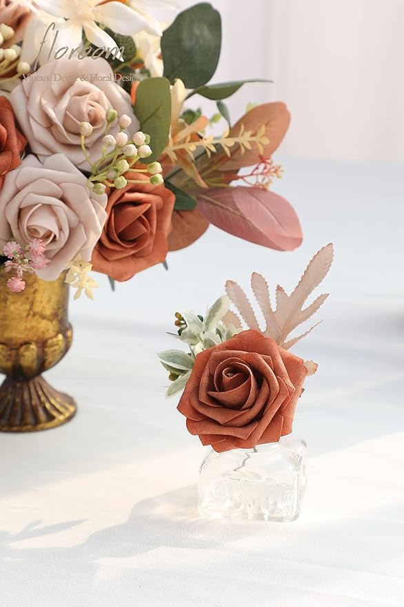 Floroom Artificial Flowers 25pcs Real Looking Burnt Orange Ombre Colors Foam Fake Roses with Stems for DIY Wedding Bouquets Bridal Shower Floral Centerpieces Party Tables Home Decorations