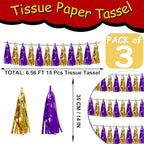 3P Purple Gold Metallic Fringe Tassel Banner Garland Foil Tinsel Streamer Wall Hanging Curtain Backdrop Banner for Parade Floats, Graduation Decorations, Halloween, Christmas Decorations