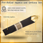 Supernal 60 Pack Gold Silverware, Rolled, Pre Wrapped with Black Napkins, Heavy Duty Plastic Cutlery, Forks and Spoons