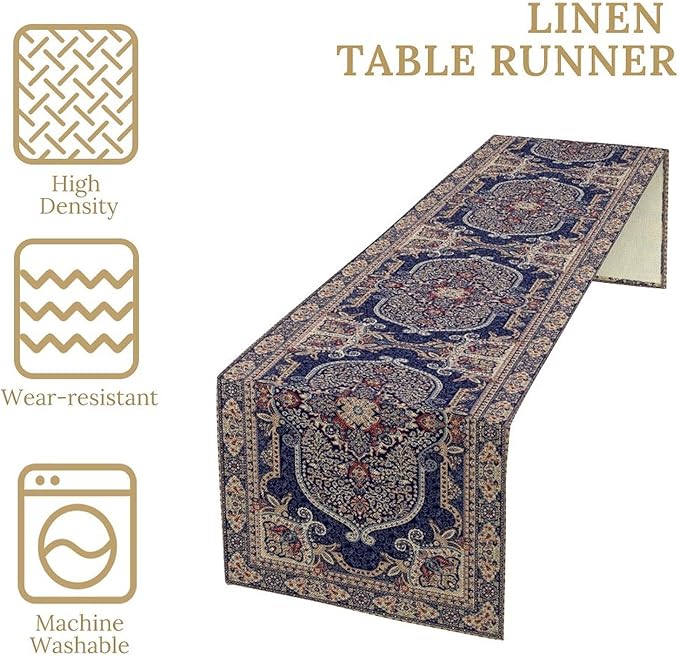 Boho Floral Vintage Table Runner, Blue Purple Retro Flower Rustic Country Farmhouse Pattern for Home Kitchen Table Decor Dining Coffee Room Party Decor 13x60in