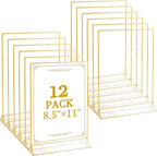 Floroom 12 Pack 8.5x11 Inch Clear Acrylic Sign Holders, Double-Sided Gold Display Stand Picture Frames for Table Numbers, Menus, Flyers, Weddings, and Offices