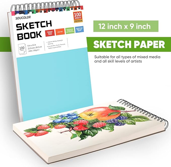 Drawing Set Sketching Kit, Pro Art Supplies, Soucolor 9" x 12" Sketch Book, 1-Pack 100 Sheets Spiral Bound Art Sketchbook for Colored Pencils, Graphite, Charcoal, Metallic Pencils, Sketching Pencils