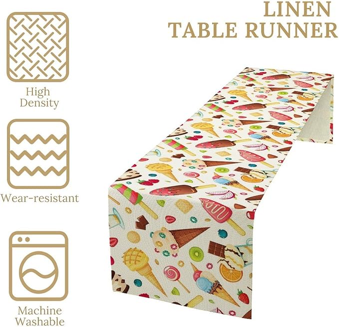 Ice Cream Table Runner, Fruit Ice Popsicles Cold Summer Desserts Seasonal Dinner Runner for Party Holiday Home Kitchen Dining Table Decor 13"x108"