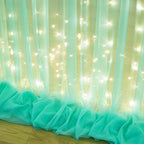 Sage Green Tulle Backdrop Curtains with Lights String for Parites 10x8ft Sheer Backdrop Curtains Drapes for Birthday Party Bridal Shower Baby Shower Christmas Wall Photo Booth Background Decorations