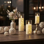 Raycare Flameless Candle with Remote Timer, 7 Flickering Acrylic Battery Operated LED Pillar Candles with Embedded Star String for Halloween, Home Decor, and as a Gift(Ivory)