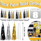 8P Black Gold Silver Foil Fringe Metallic Tassel Garland, Tassels Banner Streamers for Parade Floats, Bachelorette, Wedding, Birthday, Halloween, Christmas, Bridal/Baby Shower Party Decorations