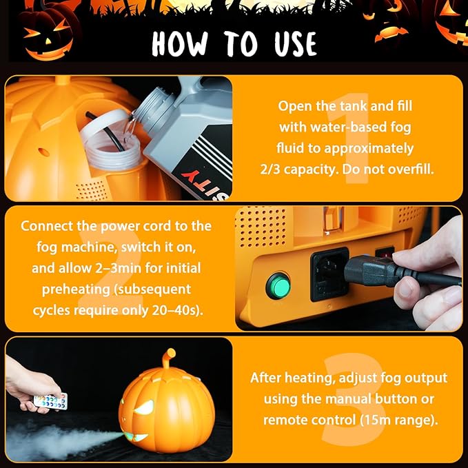Fog Machine with LED RGB Lights, 800W Halloween Fog Machine with Remote Control, Pumpkin Smoke Machine 12 Colors Lighting Effect for Halloween Band DJ Show Club Outdoor Camping, 2 Pack