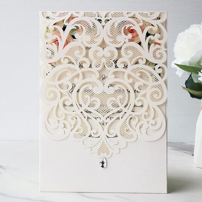 Hosmsua 50PCS White Wedding Invitations Kit 5 x 7.3 Inch Laser Cut Hollow Rose Rhinestone Pocket with Envelope for Quinceanera Bridal Shower Invite (White Ivory)