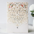 Hosmsua 50PCS White Wedding Invitations Kit 5 x 7.3 Inch Laser Cut Hollow Rose Rhinestone Pocket with Envelope for Quinceanera Bridal Shower Invite (White Ivory)