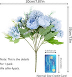 Artificial Flowers, 4 Packs Blue Fake Peony Silk Hydrangea Bouquet Decor Plastic Carnations Daisy Realistic Flower Home Office Party Decor Arrangements Wedding Decoration Table Centerpieces