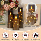 Raycare Flameless Candle with Remote Timer – 9 Flickering Acrylic Battery Operated LED Pillar Candles with Embedded Star String for Halloween, Fall Decor, Harvest Festival Gifts(Grey)