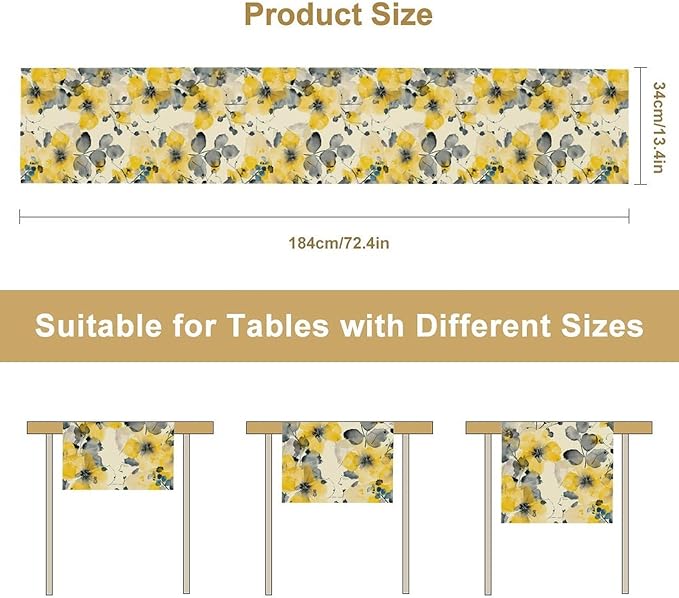 Floral Table Runner,Yellow Flowers Spring Print Table Cloth Kitchen Dining Table Home Party Decoration 13x120 Inch