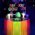 Mega-L Glow in The Dark Party Supplies, 2 Pack Neon Party Decorations Fluorescent Macaron Orange, Yellow and Fuchsia Wavy Metallic Tinsel Foil Fringe Table Skirts, Perfect Table Decors Glow Decors