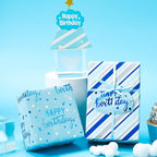LeZakaa Reversible Blue Birthday Wrapping Paper Roll for Boys Men, Happy Birthday Lettering & Stripe Pattern with Metallic Foil in Blue, 30in x 32.8Ft
