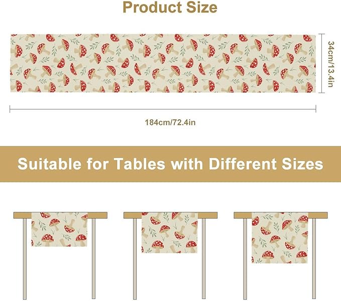 Mushroom Table Runner,Vintage Plant Print Table Runner for Kitchen Dining Table Home Party Decoration 13x60 Inch
