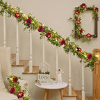 Dolicer 2Pcs 13Ft Artificial Eucalyptus Garlands with Flowers - 8 Roses, Faux Floral Greenery Garlands with 13Ft String Lights Fake Flowers Vines for Wedding Table Centerpieces Arch Party Decor (Red)