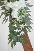 2-Pack Sage Green & White Wedding Flower Swag Set, Large: 35.43"L x 14.56"W, Small: 24.80"L x 12.99"W, Artificial Flowers for Wedding Arch, Ceremony, Table Centerpieces, Wall Hanging