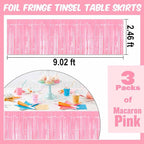 3 Pack 29 x108 Inch Macaron Pink Foil Fringe Table Skirts Metallic Banner for Tinsel Streamer Garland Backdrop for Parade Floats Mother's Day, Graduate, Birthday, Wedding Party Decoration