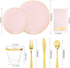 NOCCUR 350PCS Pink and Gold Plastic Plates - Pink Disposable Plastic Dinnerware Set for 50 Guests Include 50 Dinner Plates,50 Dessert Plates,150 Gold Cutlery,50 Cups&50 Napkins for Party&Wedding